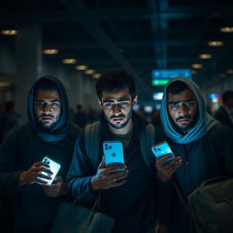 Three young Egyptian men at an airport, visibly anxious and afraid