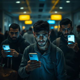 Three young Egyptian men at an airport, visibly anxious and afraid