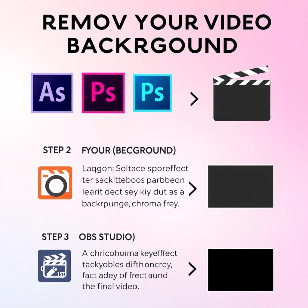 A clear and simple tutorial graphic that shows the steps to remove a video background using various editing software