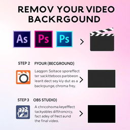 A clear and simple tutorial graphic that shows the steps to remove a video background using various editing software