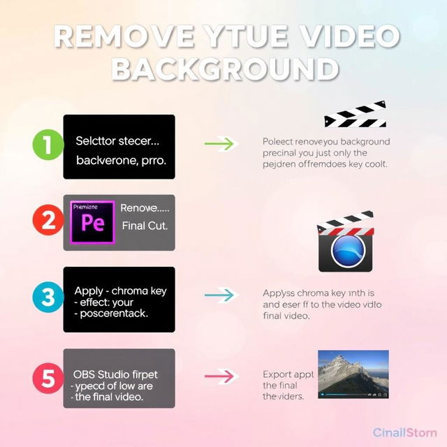 A clear and simple tutorial graphic that shows the steps to remove a video background using various editing software