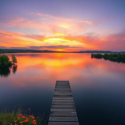 A serene sunset over a tranquil lake, surrounded by lush green trees and colorful wildflowers