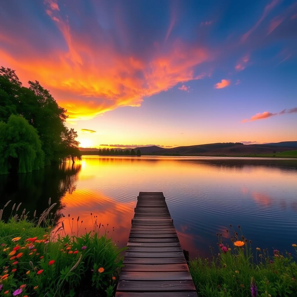 A serene sunset over a tranquil lake, surrounded by lush green trees and colorful wildflowers