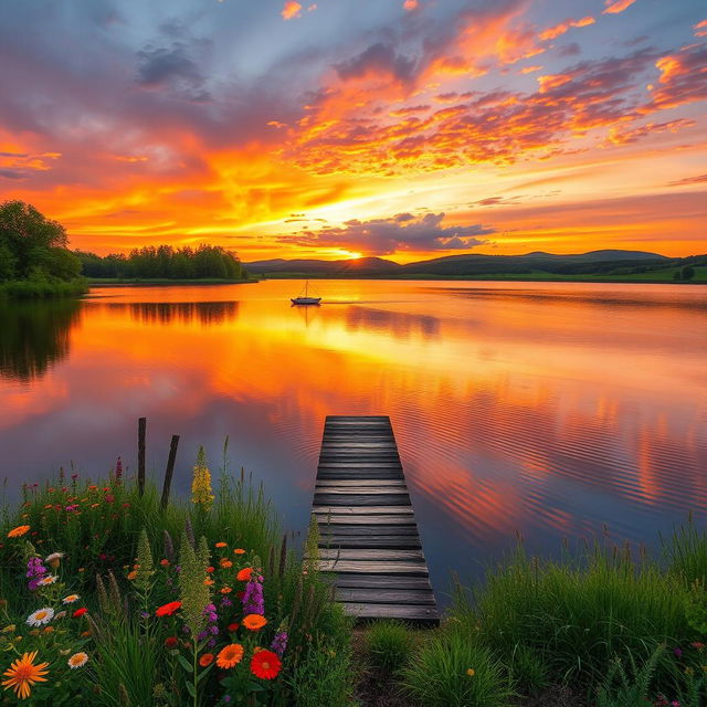 A serene sunset over a tranquil lake, surrounded by lush green trees and colorful wildflowers