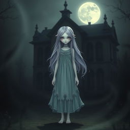 A mysterious fantasy girl with an air of suspicion, standing alone in the foreground