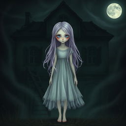 A mysterious fantasy girl with an air of suspicion, standing alone in the foreground