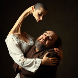 A tall, slender woman with an abnormally elongated neck, elegantly holding a stout man in her arms
