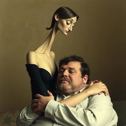 A tall, slender woman with an abnormally elongated neck, elegantly holding a stout man in her arms