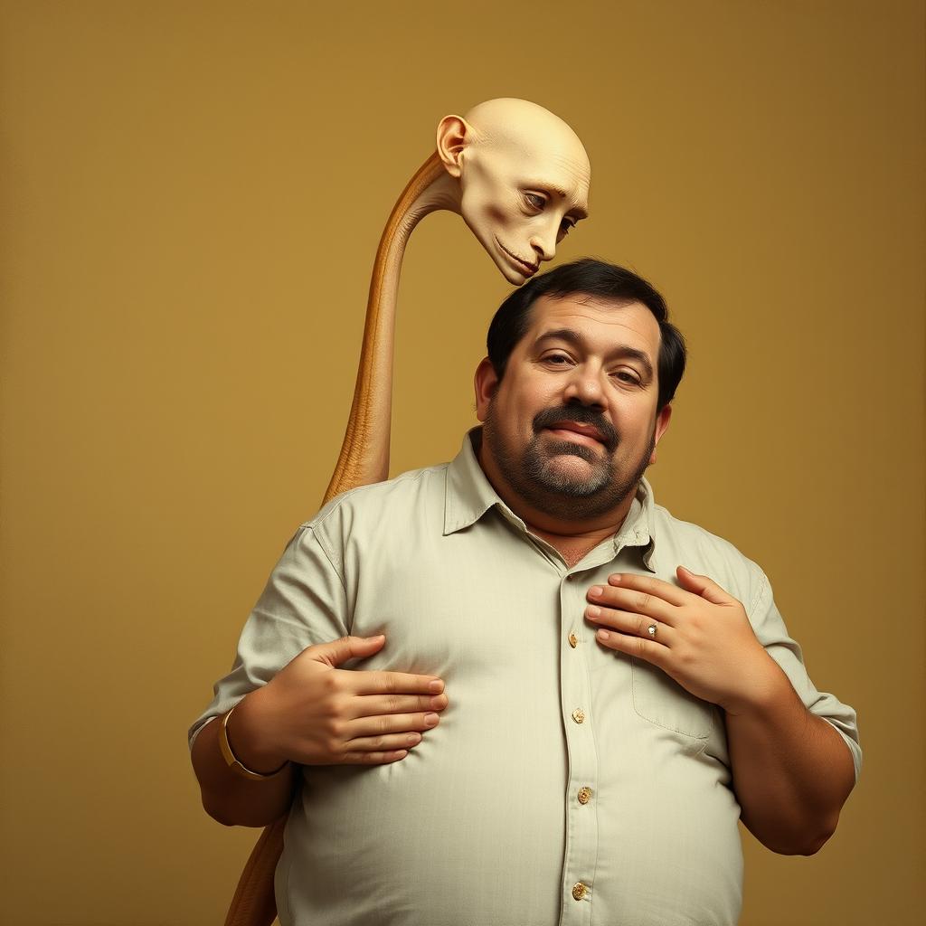 A tall, slender woman with an abnormally elongated neck, elegantly holding a stout man in her arms