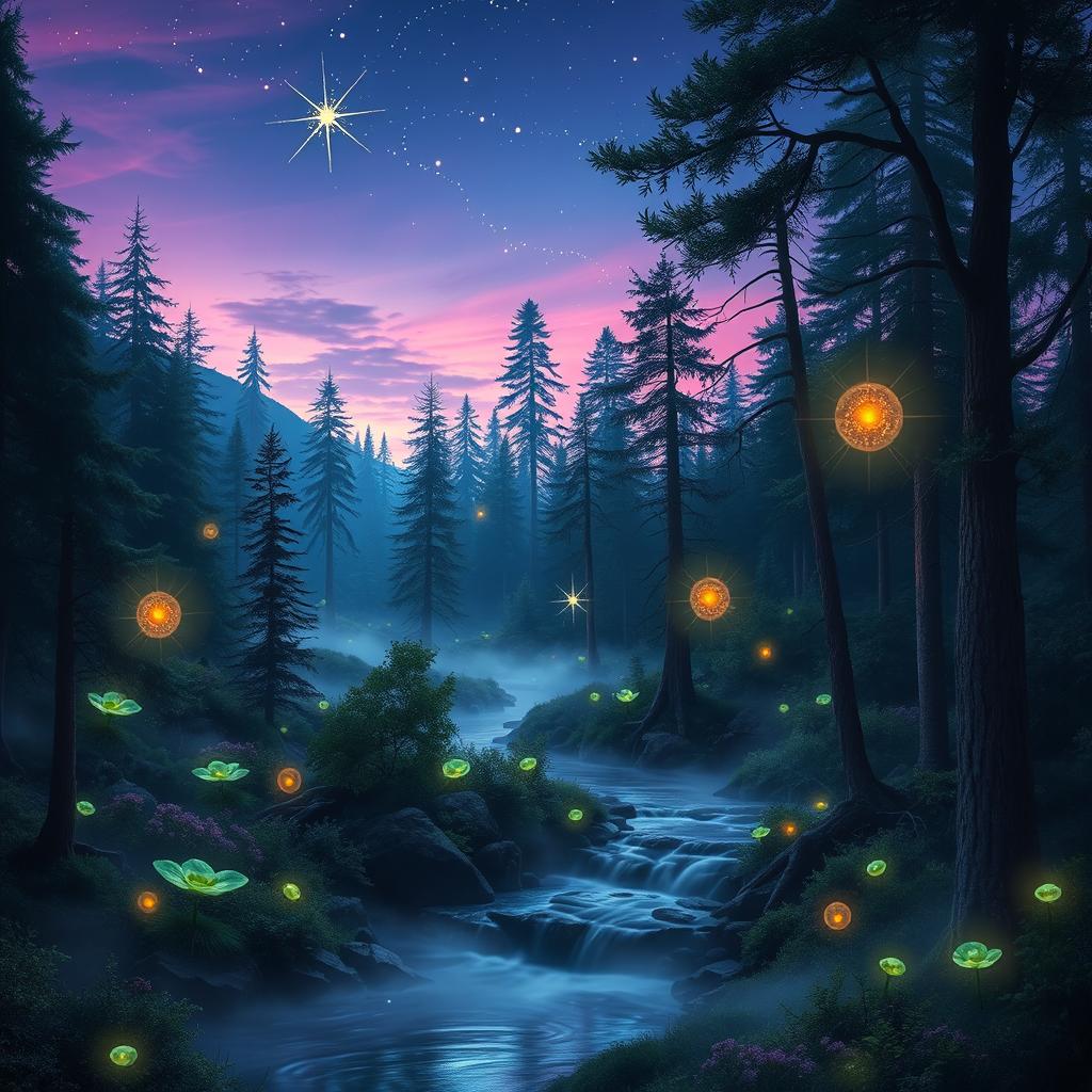 A breathtaking forest landscape at twilight, filled with glowing magical orbs floating among the trees, bioluminescent plants illuminating the surroundings, and a gentle stream reflecting the twilight colors