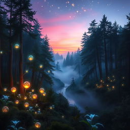 A breathtaking forest landscape at twilight, filled with glowing magical orbs floating among the trees, bioluminescent plants illuminating the surroundings, and a gentle stream reflecting the twilight colors