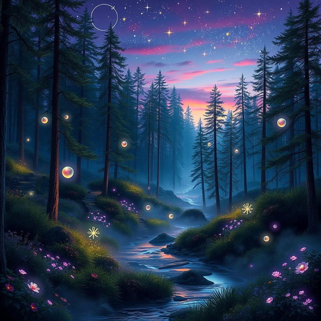 A breathtaking forest landscape at twilight, filled with glowing magical orbs floating among the trees, bioluminescent plants illuminating the surroundings, and a gentle stream reflecting the twilight colors