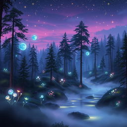 A breathtaking forest landscape at twilight, filled with glowing magical orbs floating among the trees, bioluminescent plants illuminating the surroundings, and a gentle stream reflecting the twilight colors