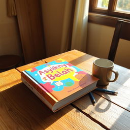 A book titled 'Asyiknya Belah' resting on a wooden table