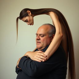 A tall, slender woman with long hair and an abnormally elongated neck, elegantly cradling a stout man in her arms