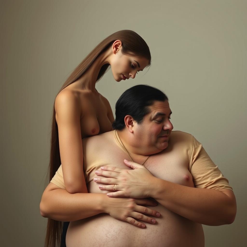 A tall, slender woman with long hair and an abnormally elongated neck, elegantly cradling a stout man in her arms
