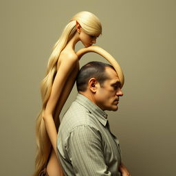 A tall, slender elf-like woman with long, flowing blonde hair, standing elegantly behind a short, stout man