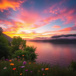 A serene landscape featuring a tranquil lake surrounded by lush green trees and a vibrant sunset sky filled with hues of orange, pink, and purple