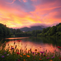 A serene landscape featuring a tranquil lake surrounded by lush green trees and a vibrant sunset sky filled with hues of orange, pink, and purple