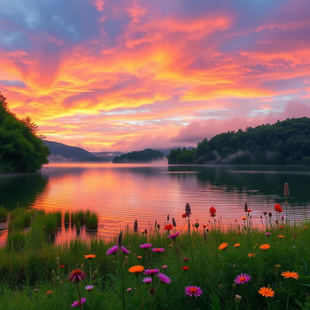 A serene landscape featuring a tranquil lake surrounded by lush green trees and a vibrant sunset sky filled with hues of orange, pink, and purple