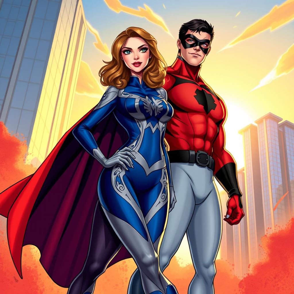 A dynamic and vibrant illustration of Maite Perroni and William Levy dressed as superheroes, showcasing their charming personalities