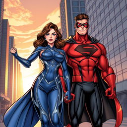 A dynamic and vibrant illustration of Maite Perroni and William Levy dressed as superheroes, showcasing their charming personalities