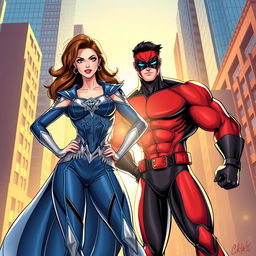 A dynamic and vibrant illustration of Maite Perroni and William Levy dressed as superheroes, showcasing their charming personalities