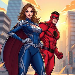 A dynamic and vibrant illustration of Maite Perroni and William Levy dressed as superheroes, showcasing their charming personalities