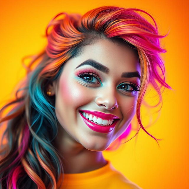 A stylized portrait of a confident young woman with an alluring and playful expression, featuring vibrant hair and colorful makeup