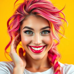 A stylized portrait of a confident young woman with an alluring and playful expression, featuring vibrant hair and colorful makeup