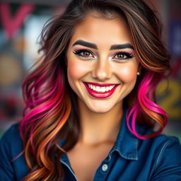 A stylized portrait of a confident young woman with an alluring and playful expression, featuring vibrant hair and colorful makeup