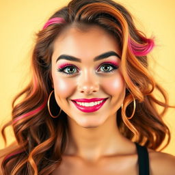 A stylized portrait of a confident young woman with an alluring and playful expression, featuring vibrant hair and colorful makeup