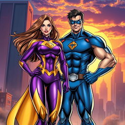 A dynamic and vibrant illustration showcasing Maite Perroni and William Levy as Marvel superheroes