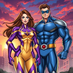 A dynamic and vibrant illustration showcasing Maite Perroni and William Levy as Marvel superheroes