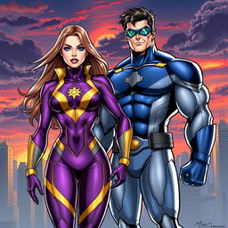 A dynamic and vibrant illustration showcasing Maite Perroni and William Levy as Marvel superheroes