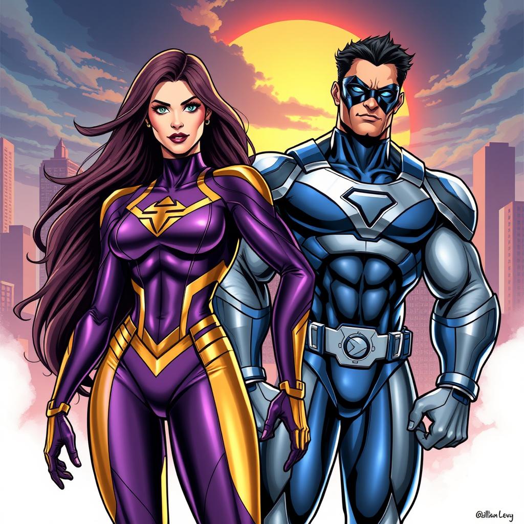 A dynamic and vibrant illustration showcasing Maite Perroni and William Levy as Marvel superheroes
