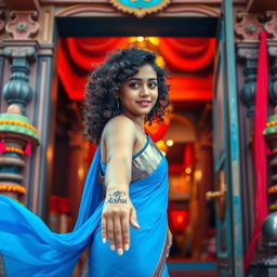 A beautiful girl with curly hair wearing a flowing blue saree, standing gracefully at the gate of a temple tower