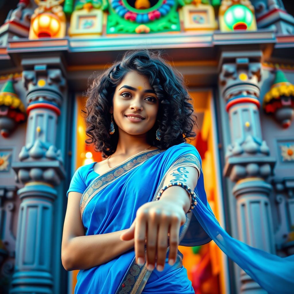 A beautiful girl with curly hair wearing a flowing blue saree, standing gracefully at the gate of a temple tower