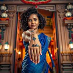 A beautiful girl with curly hair wearing a flowing blue saree, standing gracefully at the gate of a temple tower