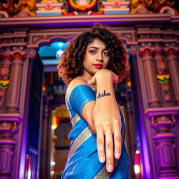 A beautiful girl with curly hair wearing a flowing blue saree, standing gracefully at the gate of a temple tower