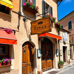A charming storefront in Italy, featuring traditional architecture with colorful flowers in window boxes and a rustic wooden door