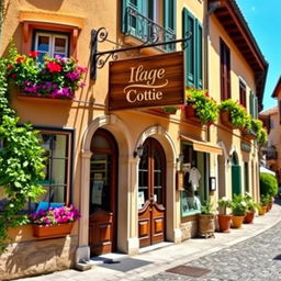 A charming storefront in Italy, featuring traditional architecture with colorful flowers in window boxes and a rustic wooden door