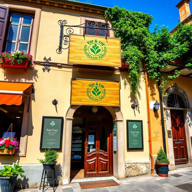 A charming storefront in Italy, featuring traditional architecture with colorful flowers in window boxes and a rustic wooden door