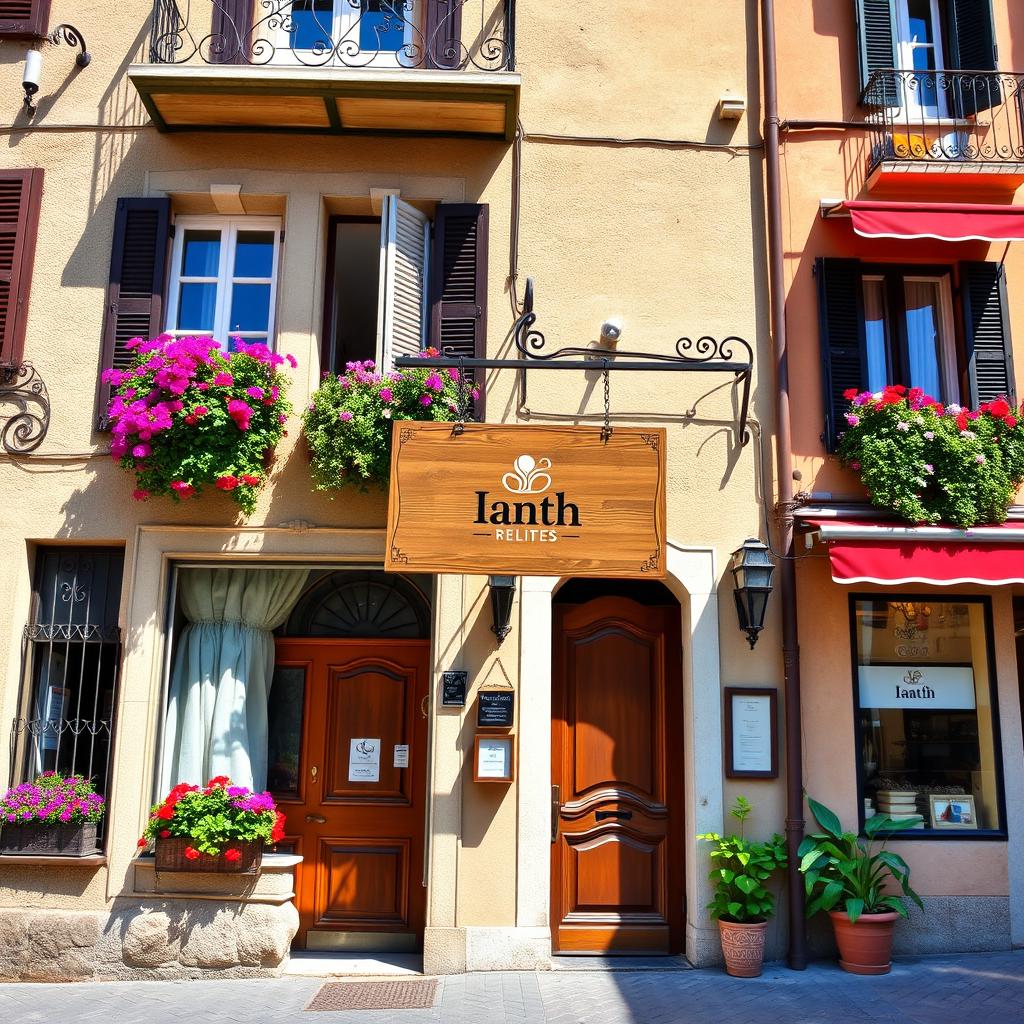 A charming storefront in Italy, featuring traditional architecture with colorful flowers in window boxes and a rustic wooden door