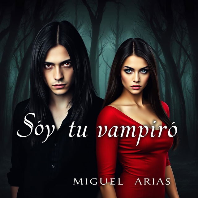 A captivating book cover for a vampire story featuring a young man with long, straight black hair and a piercing gaze