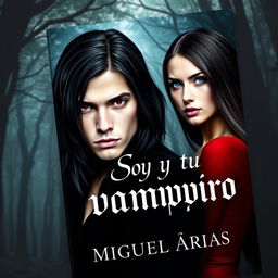 A captivating book cover for a vampire story featuring a young man with long, straight black hair and a piercing gaze