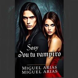 A captivating book cover for a vampire story featuring a young man with long, straight black hair and a piercing gaze