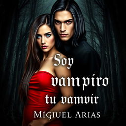 A captivating book cover for a vampire story featuring a young man with long, straight black hair and a piercing gaze