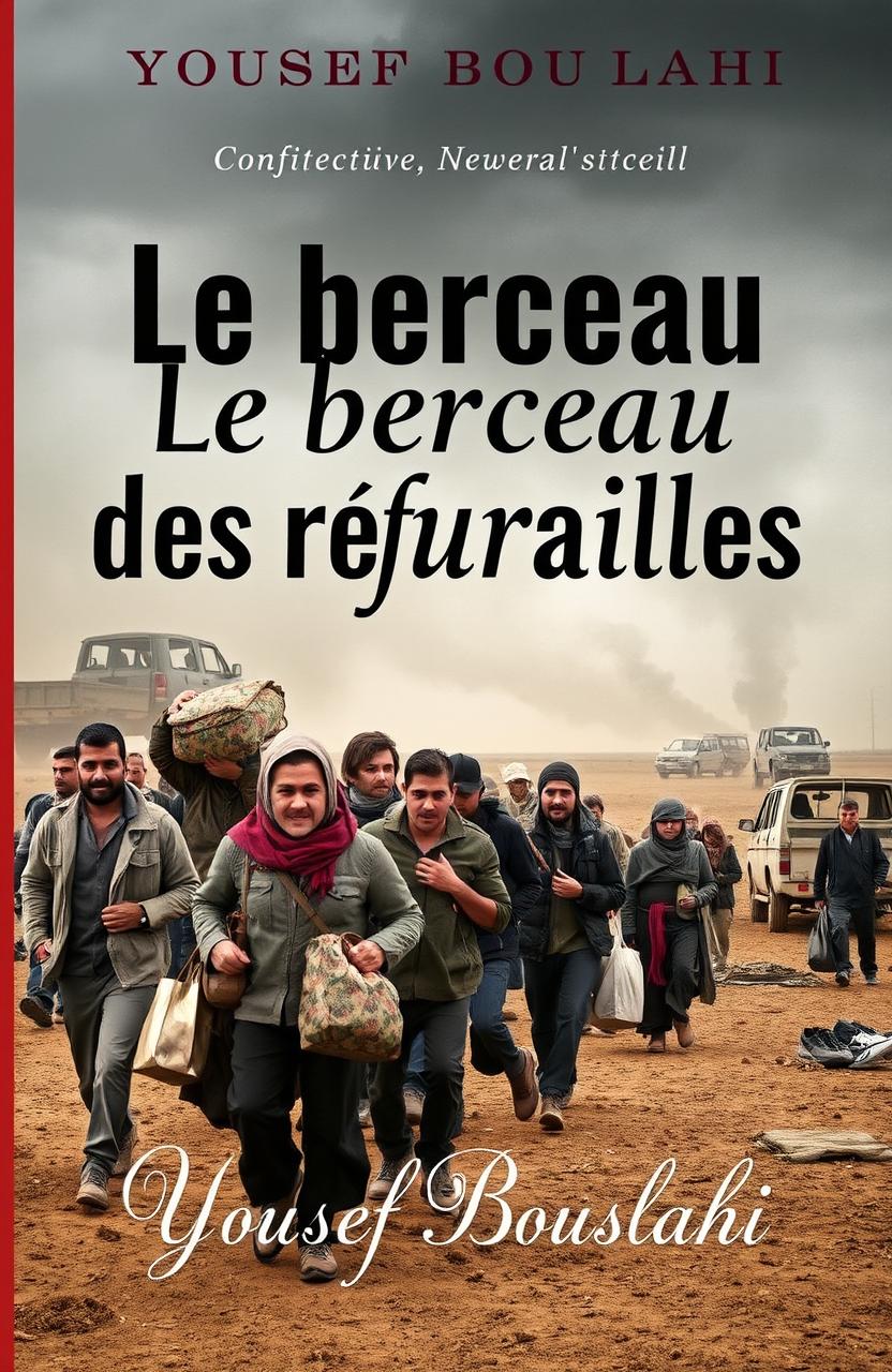 A dramatic book cover depicting themes of war and refugees