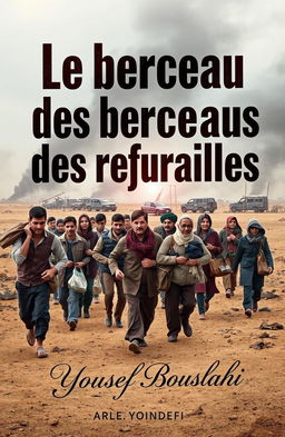 A dramatic book cover depicting themes of war and refugees